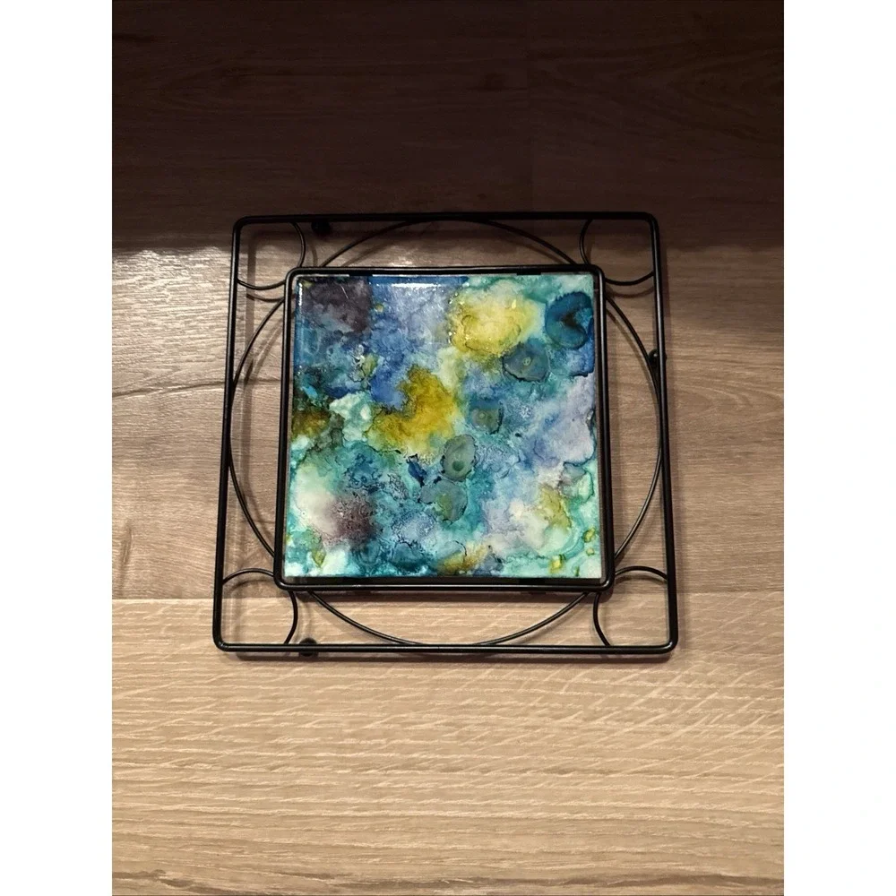 Hand Painted Tile Metal Trivet 7x7 Paint Pourblue Green Turquoise Square Shape